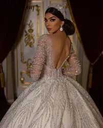 Glitter Muslim Long Sleeves Ball Gown Sequins Wedding Dresses Sexy Backless Arabian Fluffy Bridal Gown with Big Train Customized