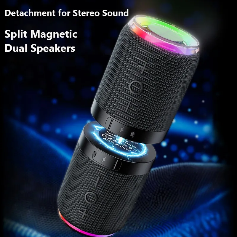 Magnetic 2 in 1 Bluetooth Speaker with RGB Light Fabric TWS Stereo Subwoofer Portable Split Sound Box