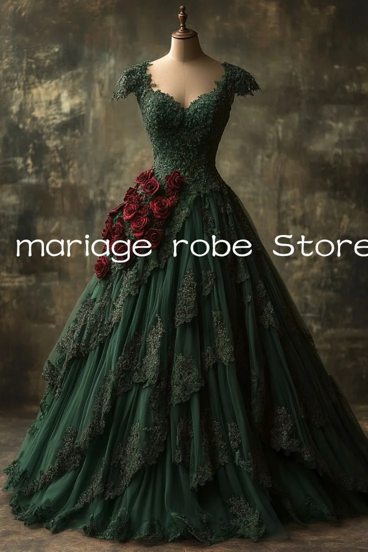 

Hunter Green Gothic Prom Dresses Rouge energy 3D Rose Floral Applique Corset Medieval Movie Costume Evening Gown Outfit Customsi