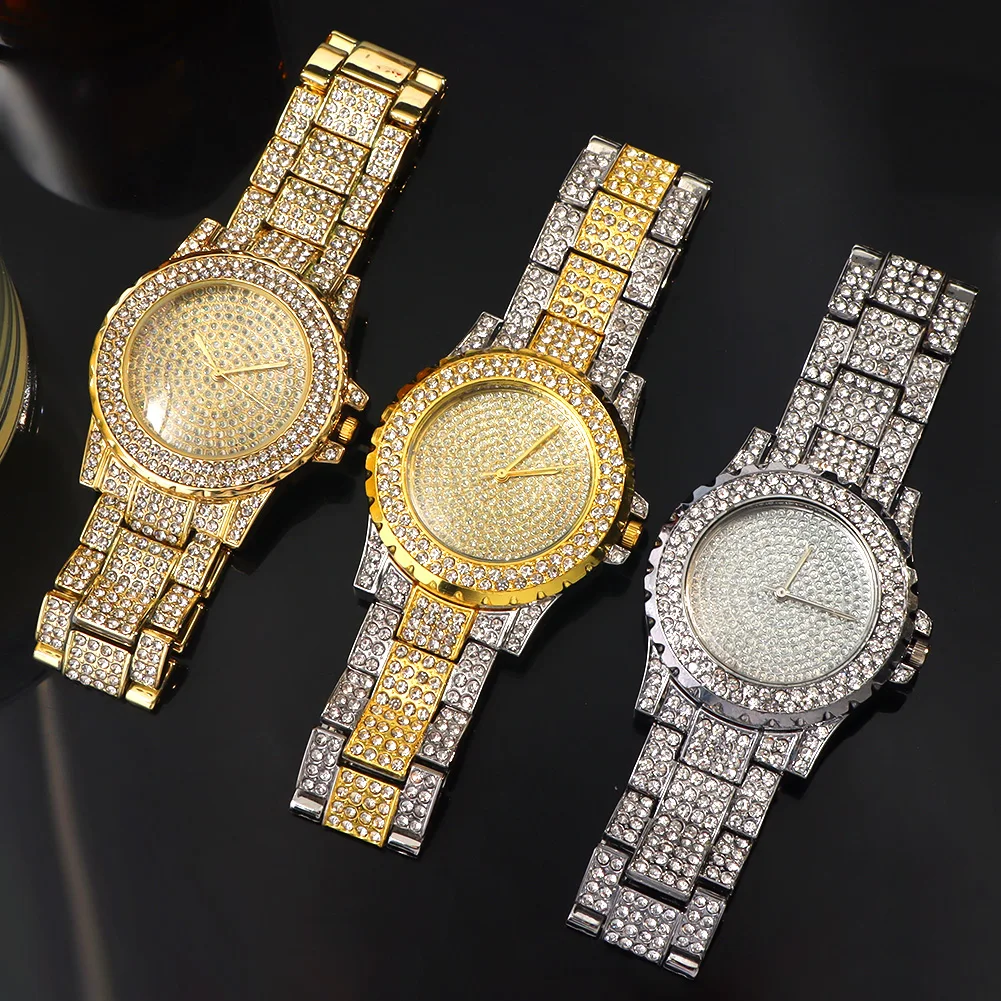 Women Luxury Iced Out Watches Bracelet Set Gold Silver Color Full Rhinestone Cuban Chain Bracelet Wristwatch Relogio Feminino