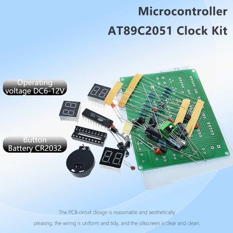 AT89C2051 Microcontroller Digital Clock DIY Kit, Electronic Soldering Training Parts with CR2032 Battery Backup