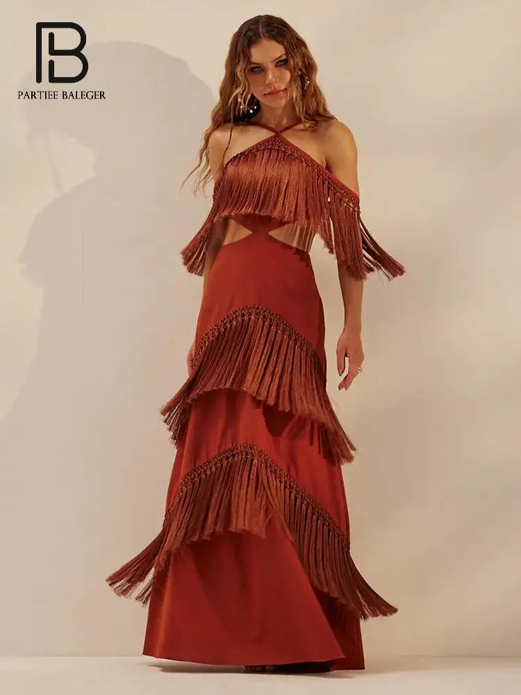 

PB Brick Red Halter Neck Fringe Bandage Maxi Dress with Cut - Out Details Women Backless Beach Party Evening Gown Vestido