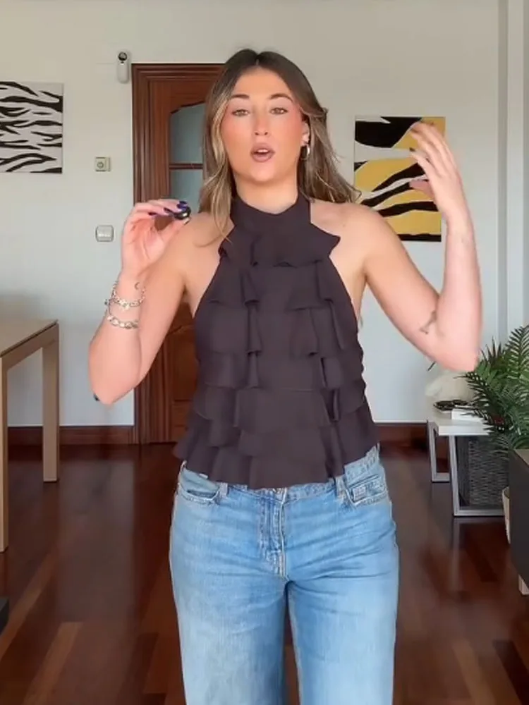 

HH Summer Women Fashion Layered Pleated Decoration Halter Neck Sleeveless Backless Sexy Short Top Female Elegant Slim Waistcoat