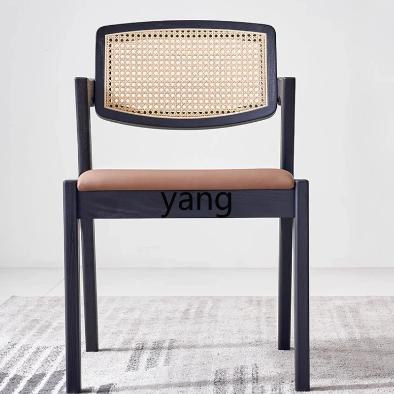 

YJQ solid wood dining chair modern minimalist wabi-sabi rattan home leather armrest dining chair
