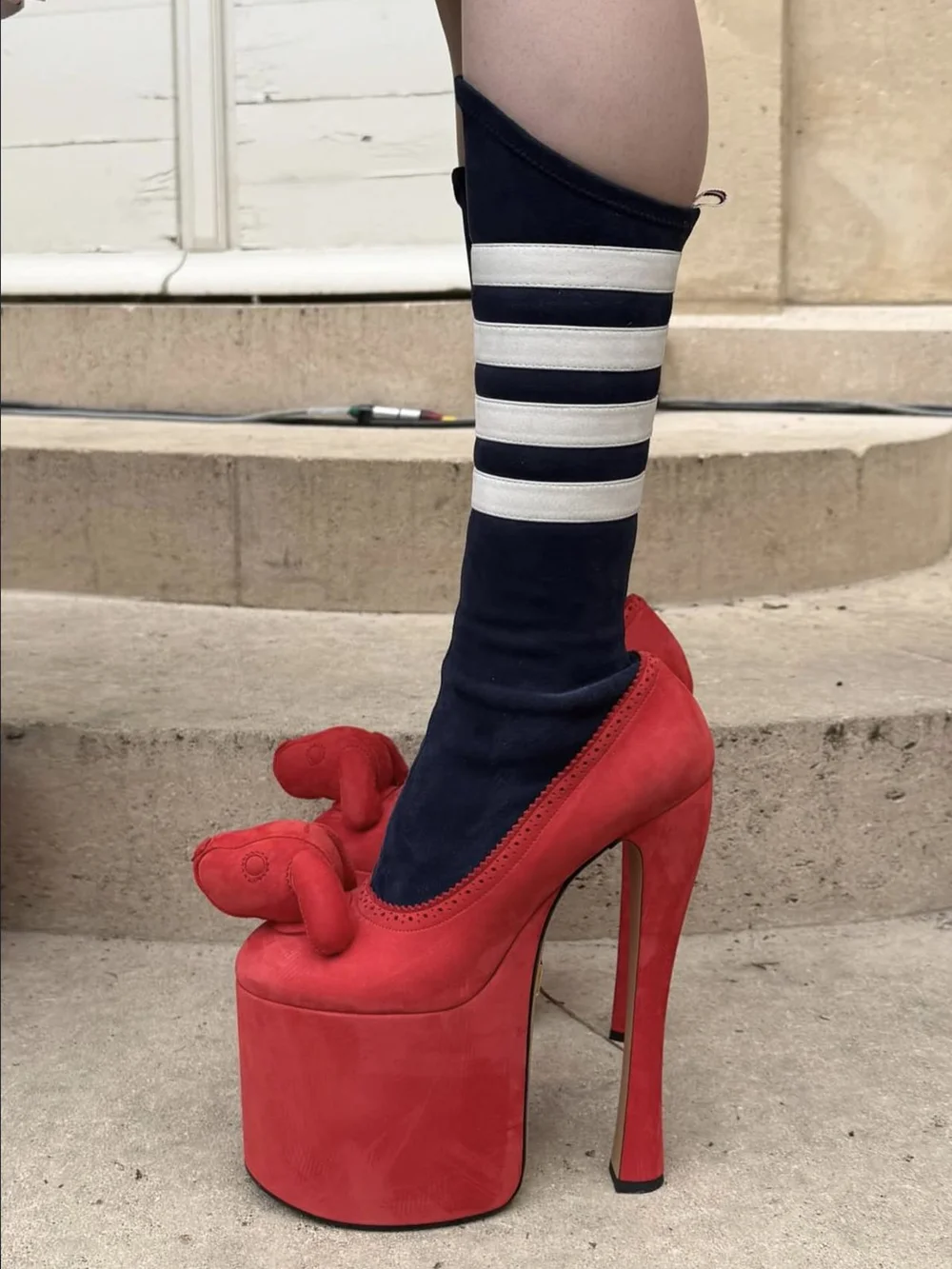 

Red & Navy Contrast Color Block Suede Platform Thigh-High Boots Striped Detail Playful Puppy Accent Fashion Cute Stilettos Boots
