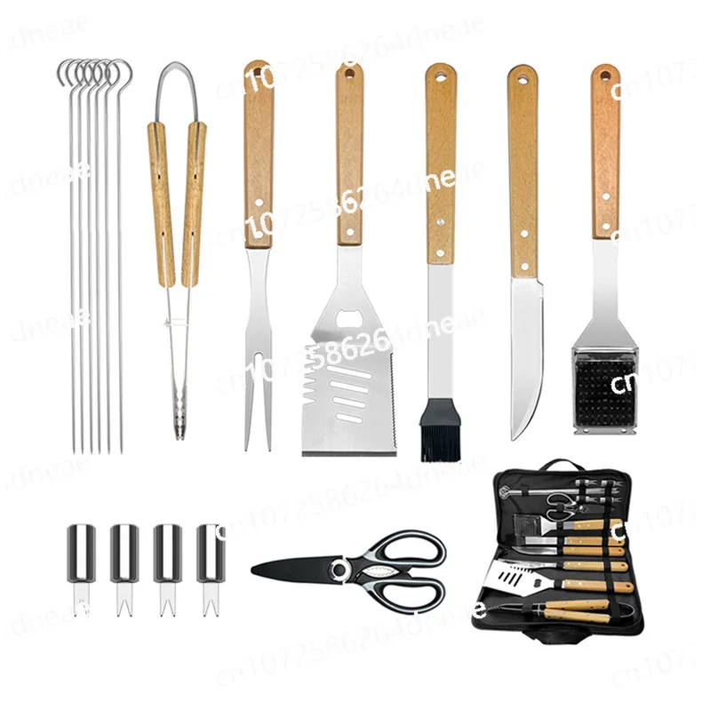 Outdoor Camping Barbecue Tool Combination Wooden Handle Fork Shovel Clip BBQ Accessories Cloth Bag Stainless Steel Grill Set