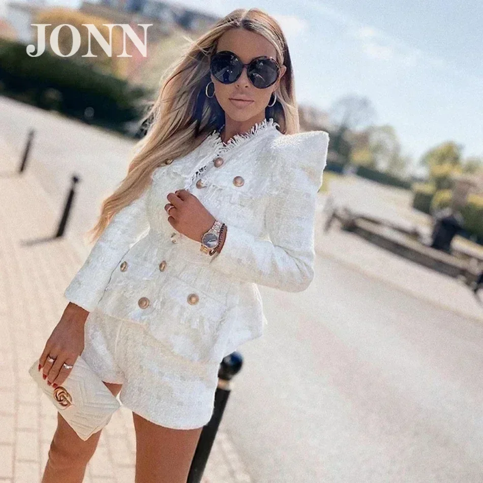 

JONN 2024 High Quality Spring New Tweed 2 Piece Set Sexy O-Neck Long Sleeve Single Breasted Jacket Pants Club Party Set