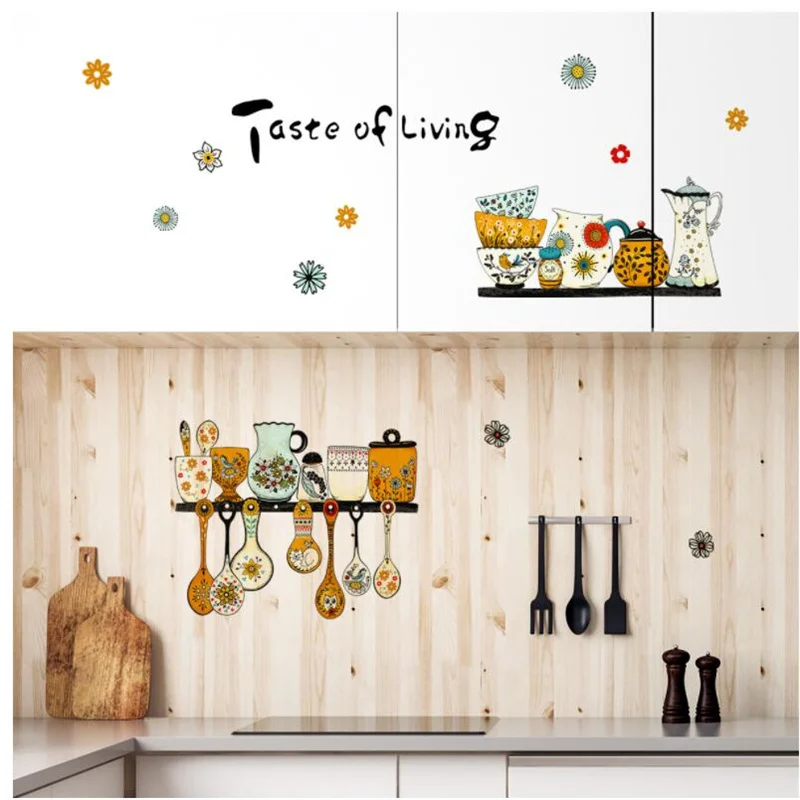 30*60CM Kitchen Wall Stickers Retro Pattern Tableware Decoration Dining Room Decor Beautification Self-Adhesive