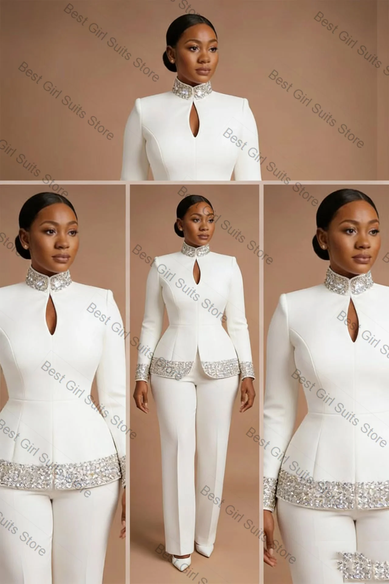 Crystals White Women Suit Pants Set 2 Piece Cotton Blazer+Trousers Spring Formal Office Lady Jacket Customized Wedding Coat