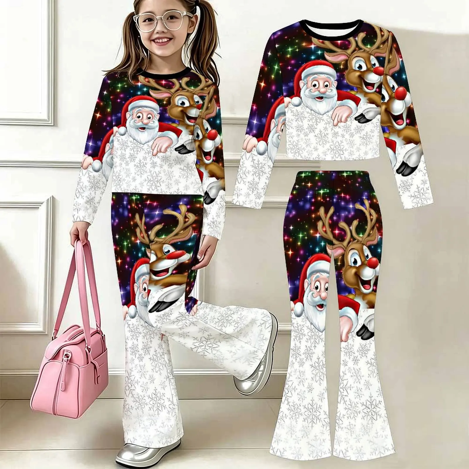 2pcs Children's Casual Pants Autumn Winter Girls' Trendy T-shirt Jogging Pants Slim Two-piece Set Fashion Bell-bottomed Pants