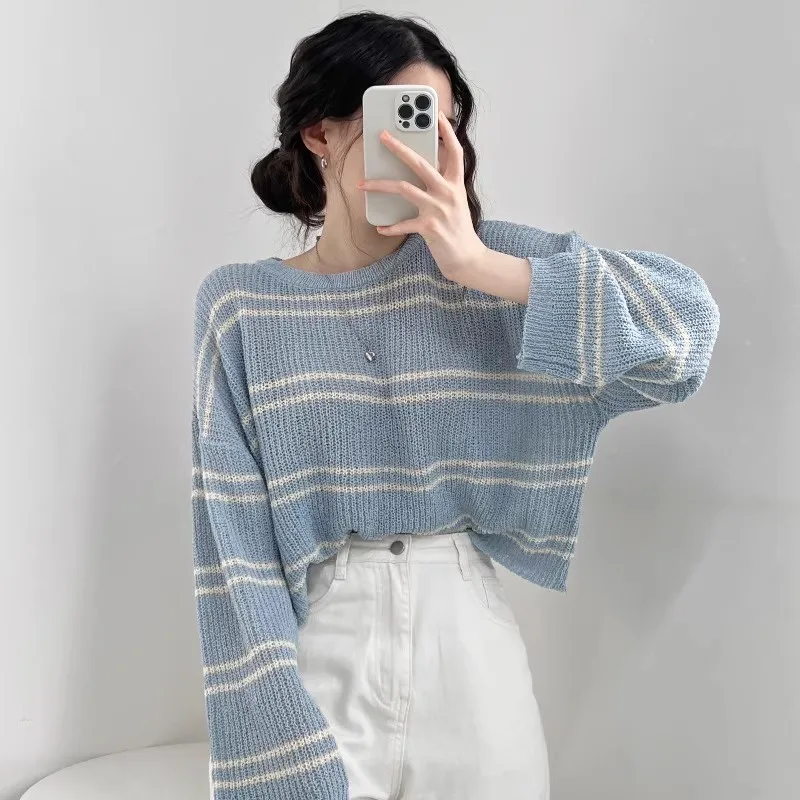 Korean Chic Sweaters Women's Clothes Long Sleeve Casual Jumper Sueter Mujer Korean Knitting Thin Striped Pullovers Pull Femme