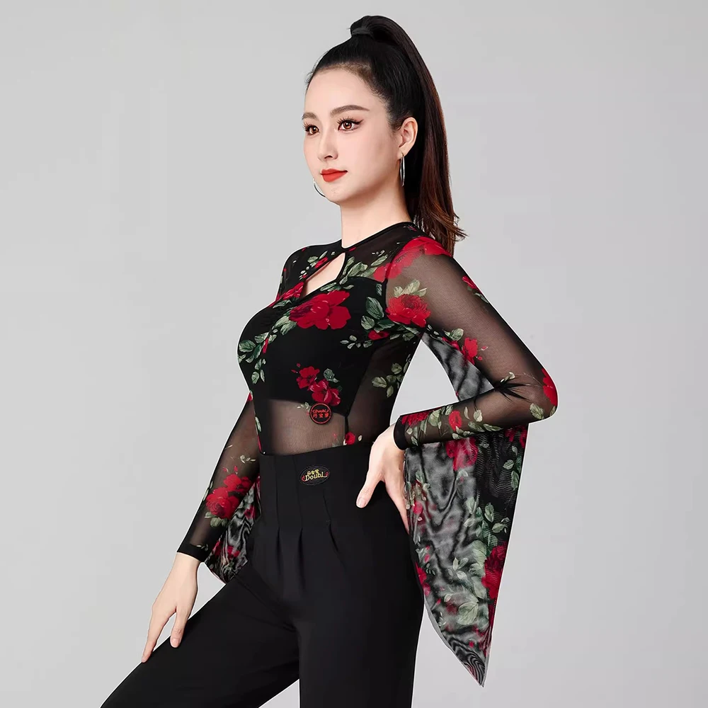 Damskie bluzki do tańca latynoamerykańskiego na występy, koszulki do tańca towarzyskiego, trykoty, bluzki z długim rękawem do walca, nowoczesne stroje taneczne, kostiumy, 2025