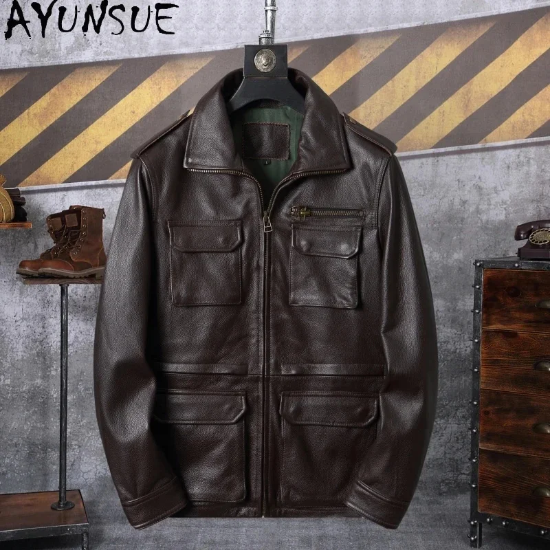 AYUNSUE Genuine Leather Mens Jacket Autumn Men Clothing Black Motorcycle Jackets Mid Length Two Colors Chaquetas Para Hombre