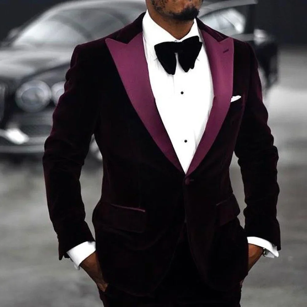 

High-end Velvet Male Suit Slim Fashion Peak Lapel Single Button Blazer Set Party Prom Wedding Tuxedo Casual Men Suits 2 Piece