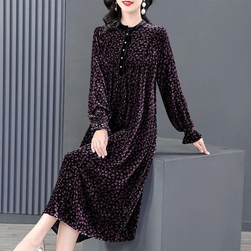 

Women Winter Velvet Long Sleeve Dress Elegant O-Neck Pleated Midi Pleuche Dress Female Casual Sexy Trumpet Vestidos