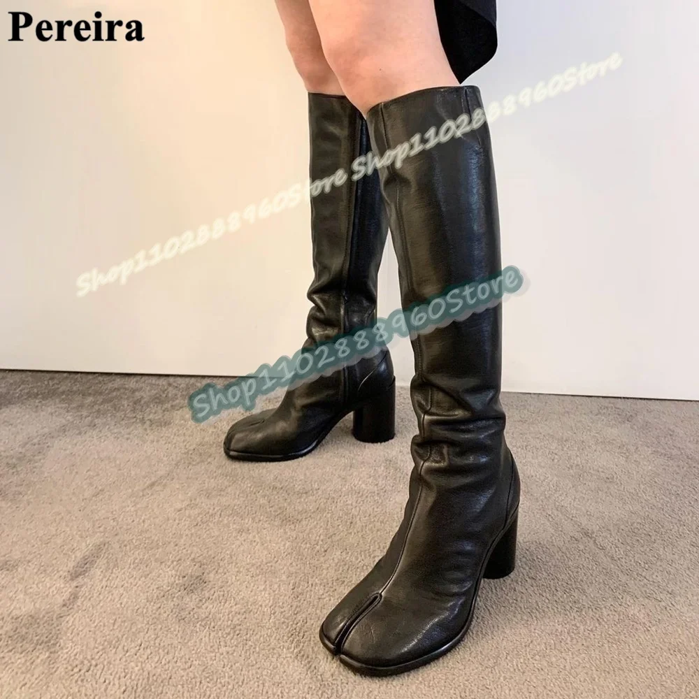 

Western Knee High Black Leather Tabi Boots Chunky High Heel Shoes For Women Side Zipper Split Toe Party Fashionable Women Boots