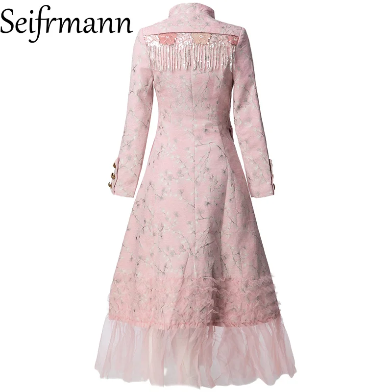 Sukienka Seifrmann 2026 Wiosna Damska Nowa Modna Stójka Długi Rękaw Nadruk Łączona Koronka Temperamentna Sukienka z Podkreśloną Talia