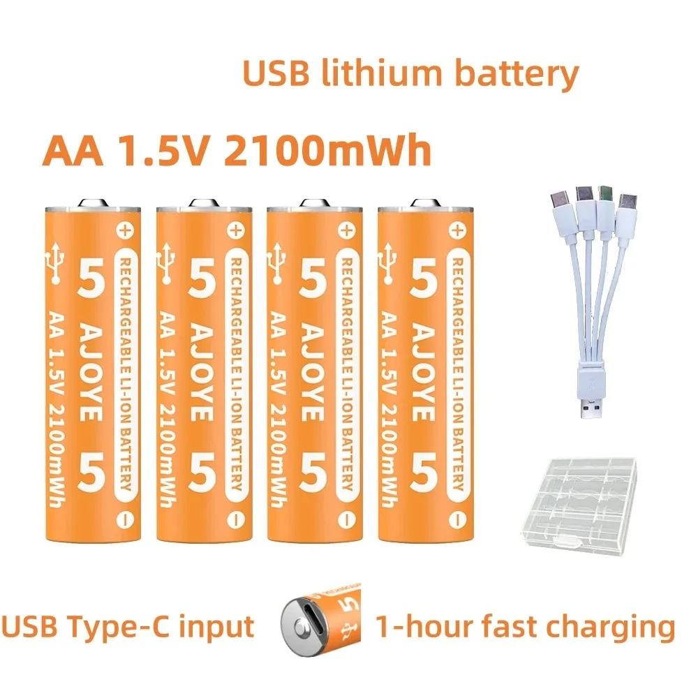Fast Charging 1.5V 2100mWh AA Rechargeable Battery USB Type-C Rechargeable Li-ion Battery for Remote Control Electric Toys Mouse