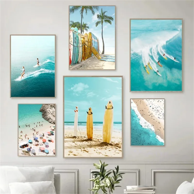 Happy Sports Surfing Canvas Painting Blue Sea Poster Beach Surfboard Art Prints Palm Posters Nordic Wall Pictures Bedroom Decor