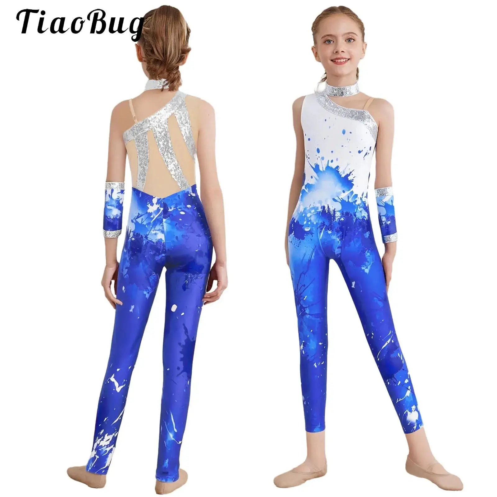 

Ballet Jersey Gymnastics Dance Jumpsuit for Kids Girls Tie-dye Print Figure Skating Leotard Sleeveless Sequins Bodysuit Romper