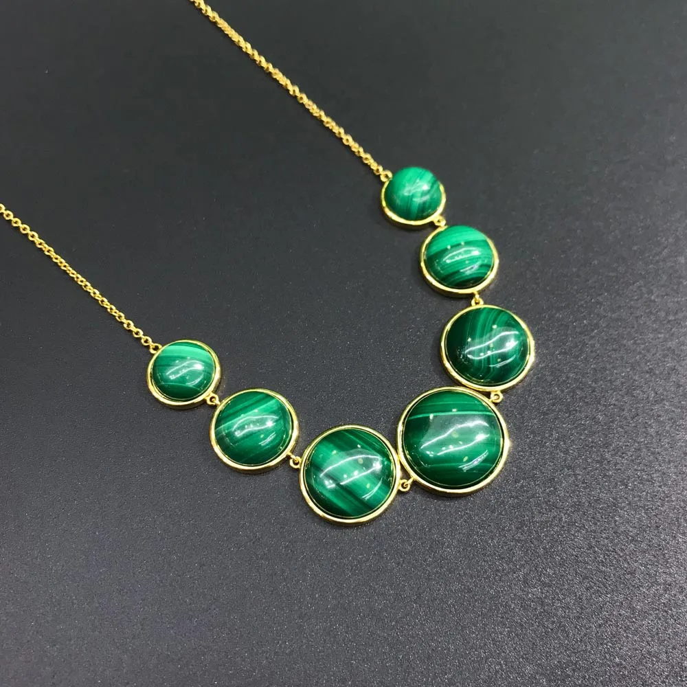 FFGems Sterling Silver 925 Round Multi Size Big Natural Malachite Stone Necklace Fine Jewelry For Women Girl Party Gift with Box