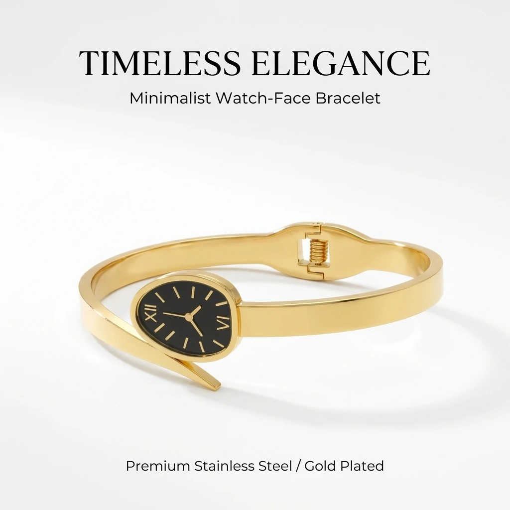 Goldfarbenes Uhren-Design-Armband, Edelstahl-Armreif für Damen, Modeschmuck-Geschenk, 60mm Durchmesser, Federmechanismus zum Öffnen