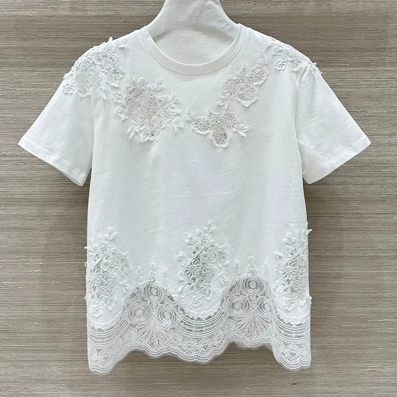 Women's Lace Embroidered Cotton T-shirts Classic 2 Color Short Sleeve O Collar Hollow Flowers Slim Top Elegant High End Clothes