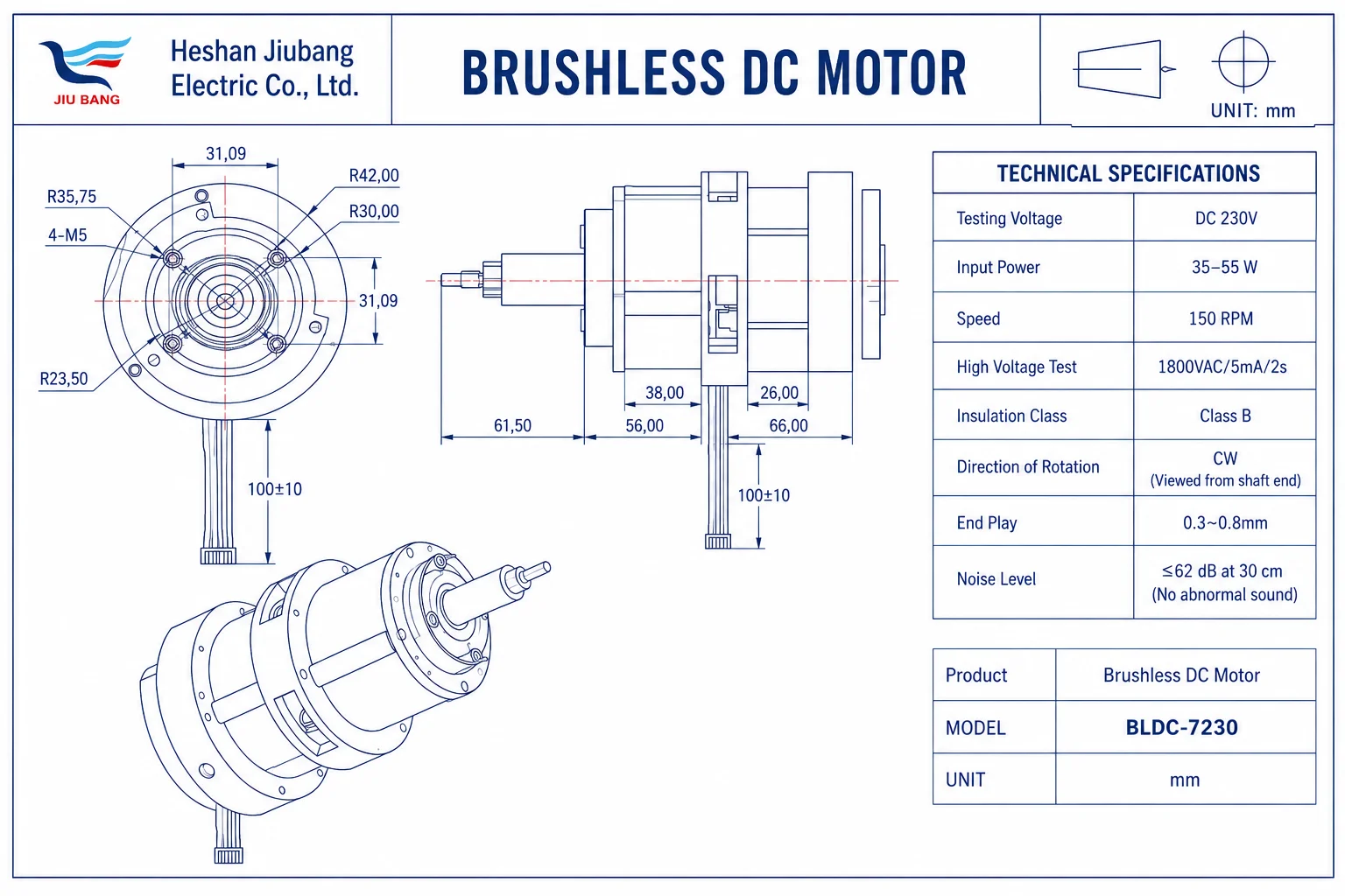 BLDC 7230 Brushless DC Motor Low Speed 150 RPM High Torque 35 55W Class B Insulation CW Rotation for Professional Applications