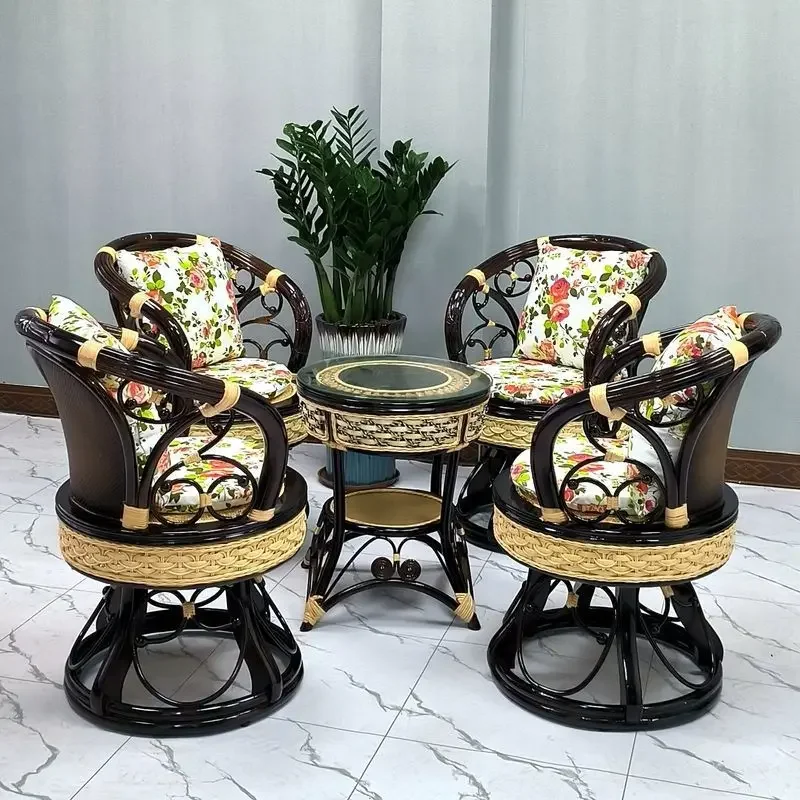 Massivholz-Stuhl mit natürlicher Rattan-Rückenlehne, Möbel, Couchtisch, dreiteiliges Set, drehbarer Freizeitstuhl