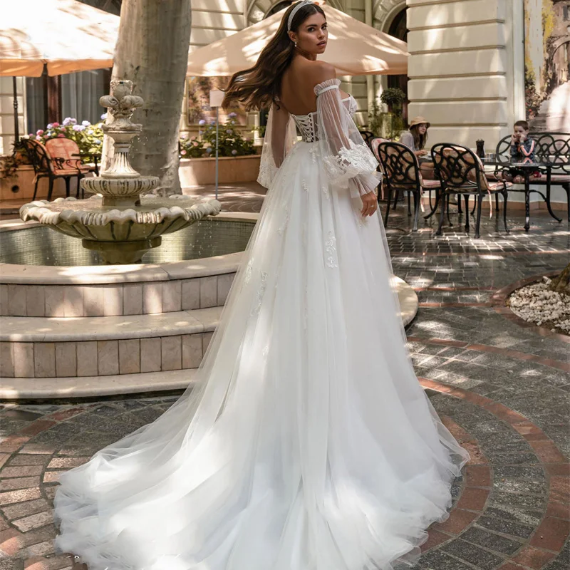 Elegant Sweetheart Wedding Dresses Off Shoulder Appliques Puff Sleeve A-Line Tulle Beach Bridal Gowns  Lace Up Back Vestido