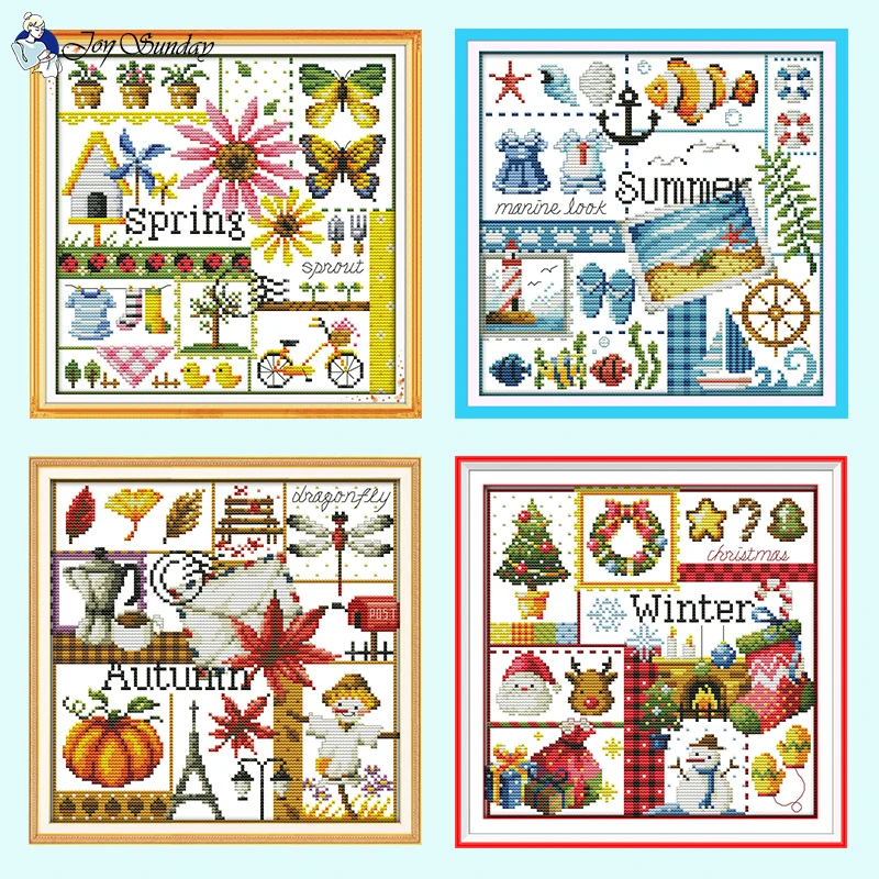 Joy Sunday Four Seasons Cartoon Series Pattern Cross Stitch Set Aida 14ct 16ct Needlework Embroidery DIY Kids Crafts Sewing Kit