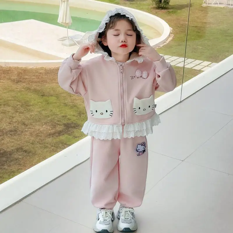 

Sanrio Hello Kitty, детские топы, комплект из двух предметов, толстовка с капюшоном для девочек, спортивные штаны, весна-осень, Kawaii, модная новая повседневная одежда с героями мультфильмов