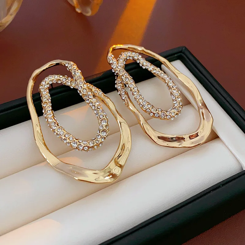 Oval Inlaid Rhinestone Earrings for Women European and American Design Sense Stud Earrings High Sense Light Luxury Jewelry