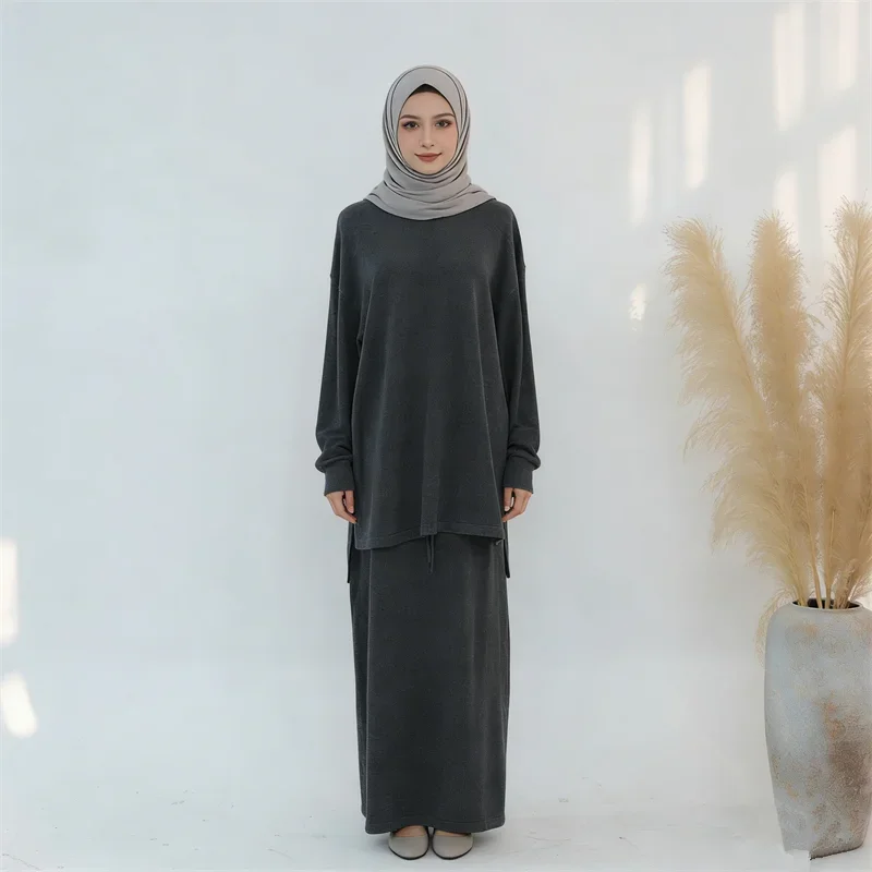 

2Pcs Women Knit Sweater Set Muslim Dress Top Sweater Skirts Autunm Winter Jumper Suits Ramadan Morocco Dubai Outfits Ensemble