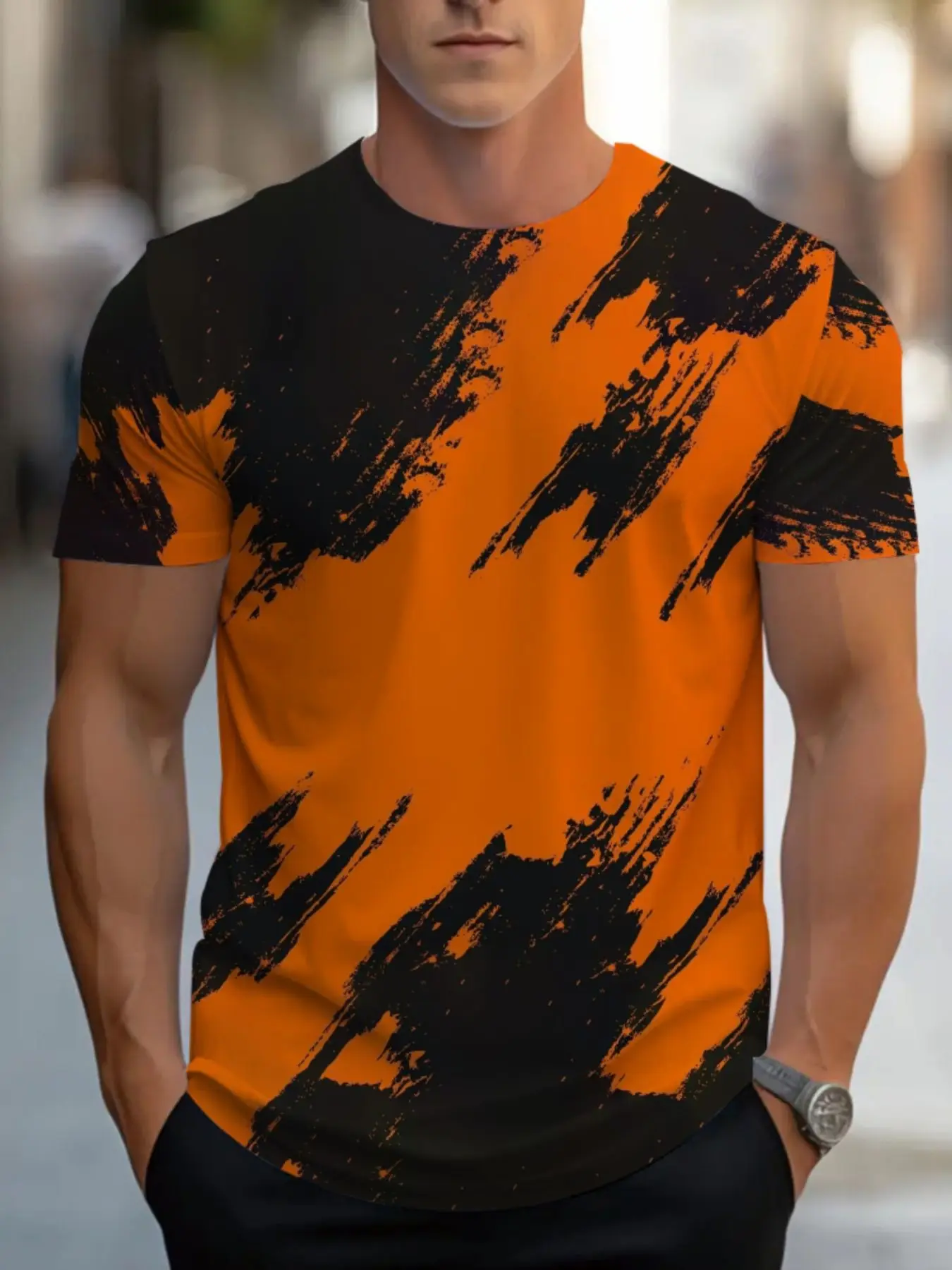 Men Short Sleeve Crew Neck T‑Shirt Orange Black Brush Stroke Abstract Graffiti Street Casual Tops