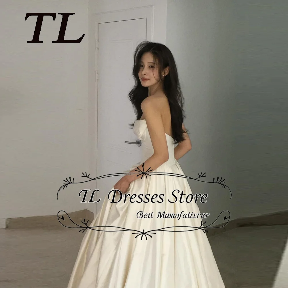

TL 2026 Simple A Line Korean Wedding Dresses Photo shoot Strapless Soft Satin Pleats Sweep Train Bridal Gowns Corset Back