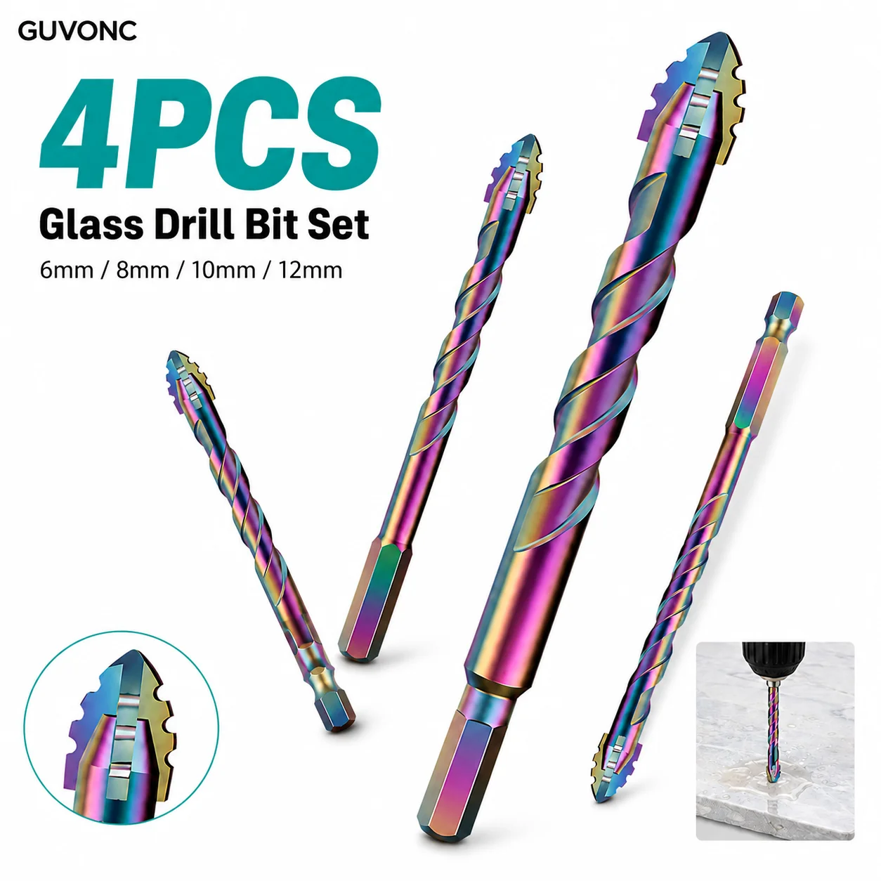 4Pcs Cross Spear Point Drill Bit Set 6-12mm Hex Shank Multi-Material for Tile Brick Concrete Wood Glass