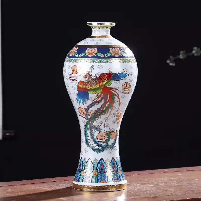 Large size 38cm phoenix enamel painted gold vase, Jingdezhen ceramic ornament, living room flower arrangement, home high-end lig