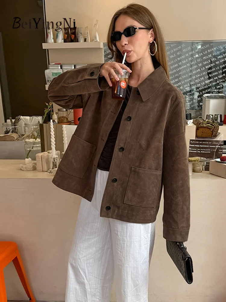 

Beiyingni 2025, повседневные винтажные женские куртки, однотонные уличные свободные однобортные женские замшевые пальто, роскошные тонкие топы