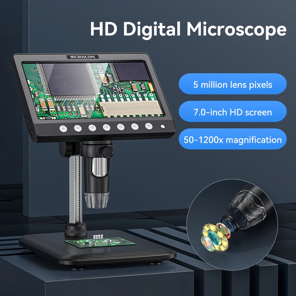 

7 Inch IPS Screen Electronic HD Magnification Endoscope Digital Microscope 5MP HD Lens Repair Coin Magnifier 1200X Magnification