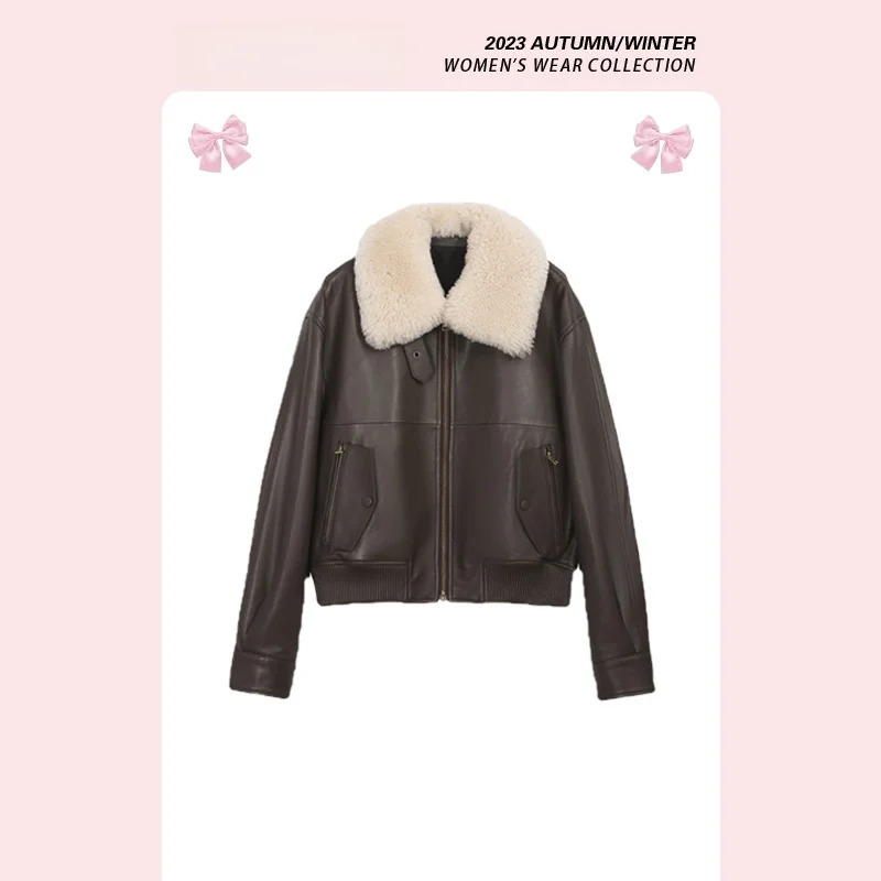 

Американский ретро-стиль, воротник из овечьей шерсти, байкерская хлопковая куртка, женская дизайнерская верхняя одежда, осень-зима, новинка, длинный рукав, ...