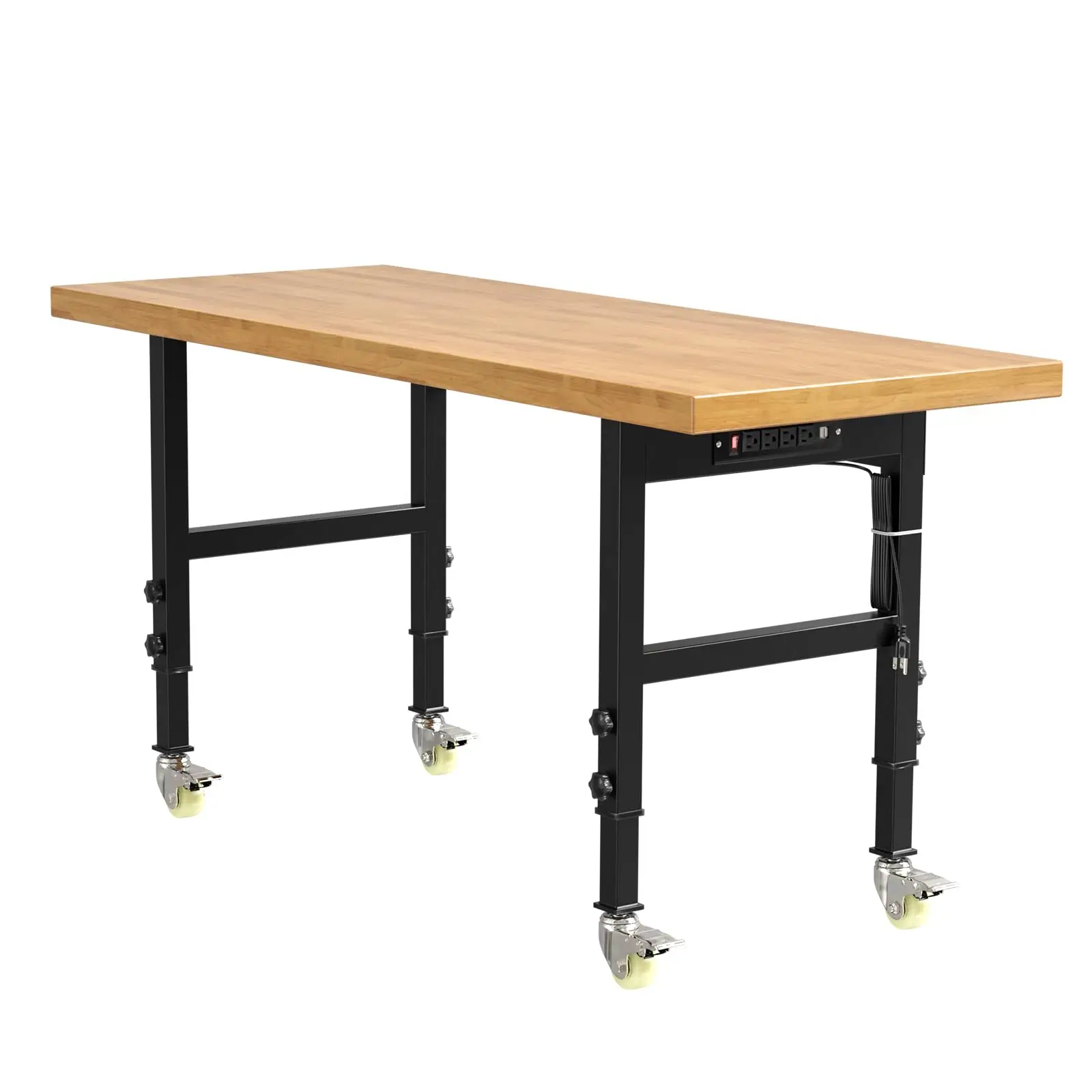 60” Heavy-Duty Solid Wood Work Bench Work Table with Wheels, Adjustable Height Portable Workbench with Power Outlets