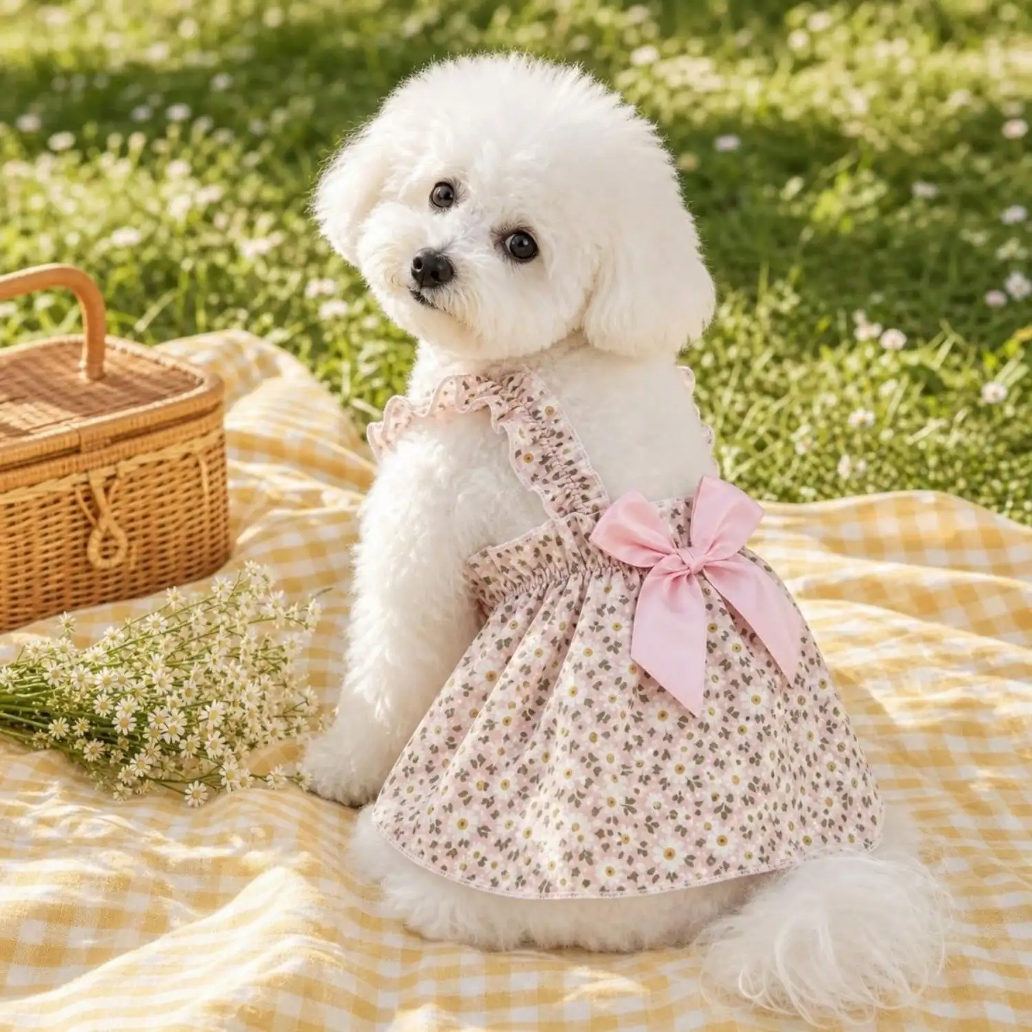 Sommerkleid für Haustiere, ärmellos, mit Blumenmuster, Rüschenriemen, großer Schleife als Dekoration für kleine Hunde, für den täglichen Gebrauch und Partys. – Detail 34