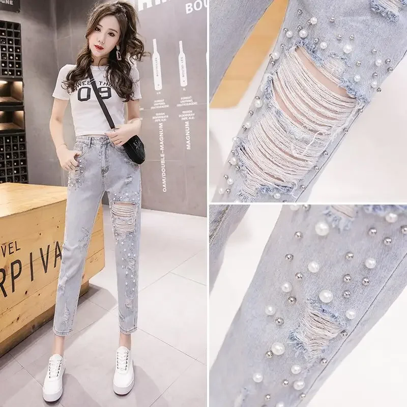 Net Red Spring Wear New Perforated Jeans Women's Pearl Style 9-point Pants With Nail Beads Show Thin And Versatile