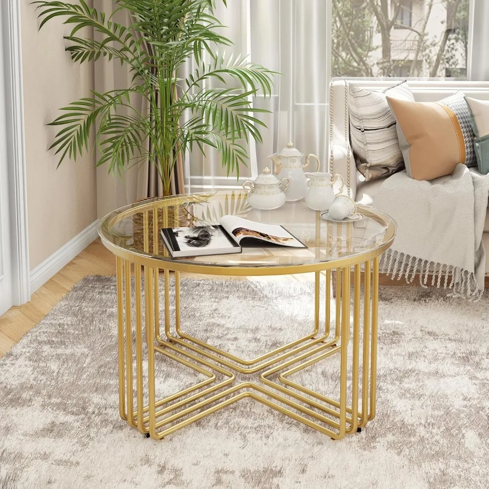 

Coffee Tables for Living Room, Round Gold Glass Top Coffee Table, Modern Simple Circle Center Table for Home Apartment Office, E