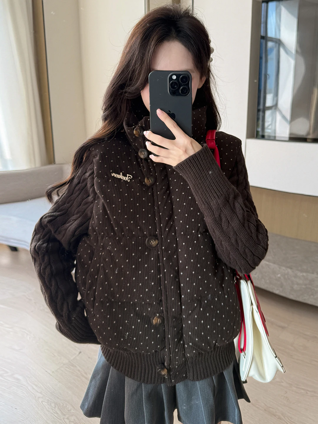 Winter Thickened Knitted Polka Dot down Cotton Jacket Women's Korean Style Commute Simple Fashion Small Size Loose Fit Coat