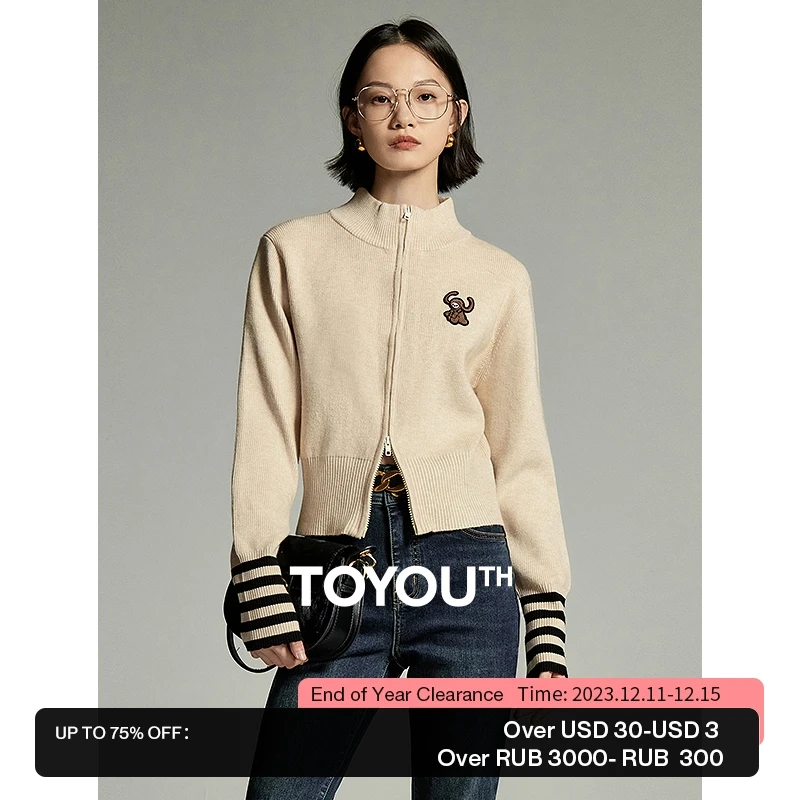 

Toyouth Women Sweater Jacket 2023 Winter Long Sleeve Half High Collar Knit Cardigan Striped Cuffs Fashion Casual Apricot Tops