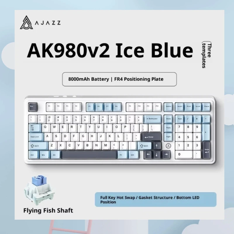 

Genuine Ajazz 980 V2 Ice Blue Gaming Mechanical Keyboard Tri Mode Custom Multi-Knob Screen Rgb Esports Wireless Keyboard