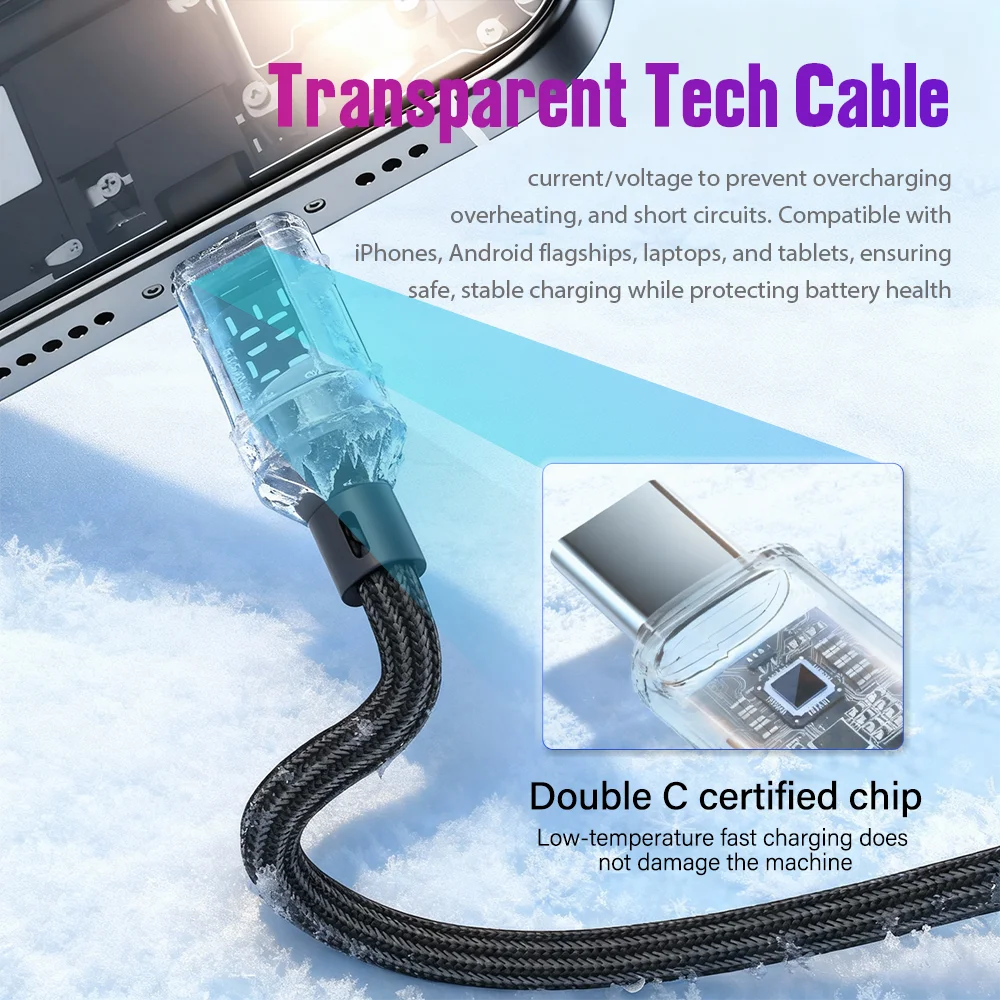 3A 60W USBA إلى النوع C كابل شحن سريع للغاية سلك بيانات نايلون لشاومي POCO سامسونج مع كابل شاشة ديجيتال Led