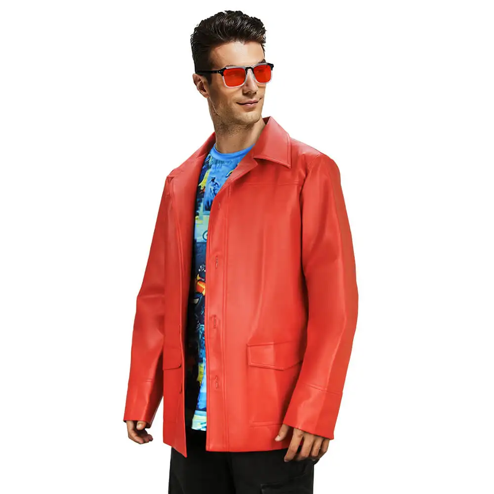 Fight Club Tyler Durden Cosplay Costumes In Stock Brad Biker Leather Jacket Red Coat Shirt Glasses Halloween Party Suit